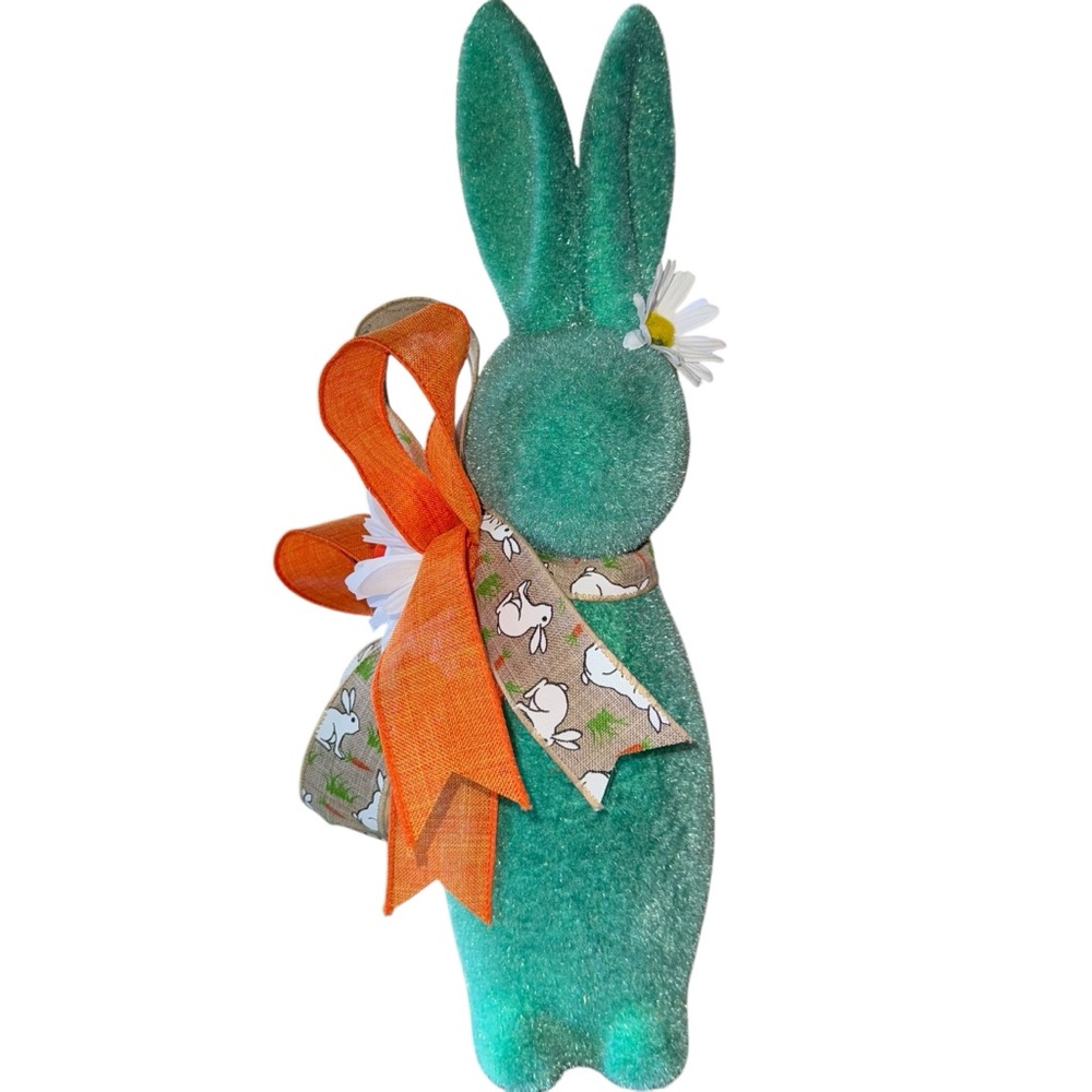 Easter Flocked Velvet Bunny Green Bow  Floral 16” Tall Easter Decor Table